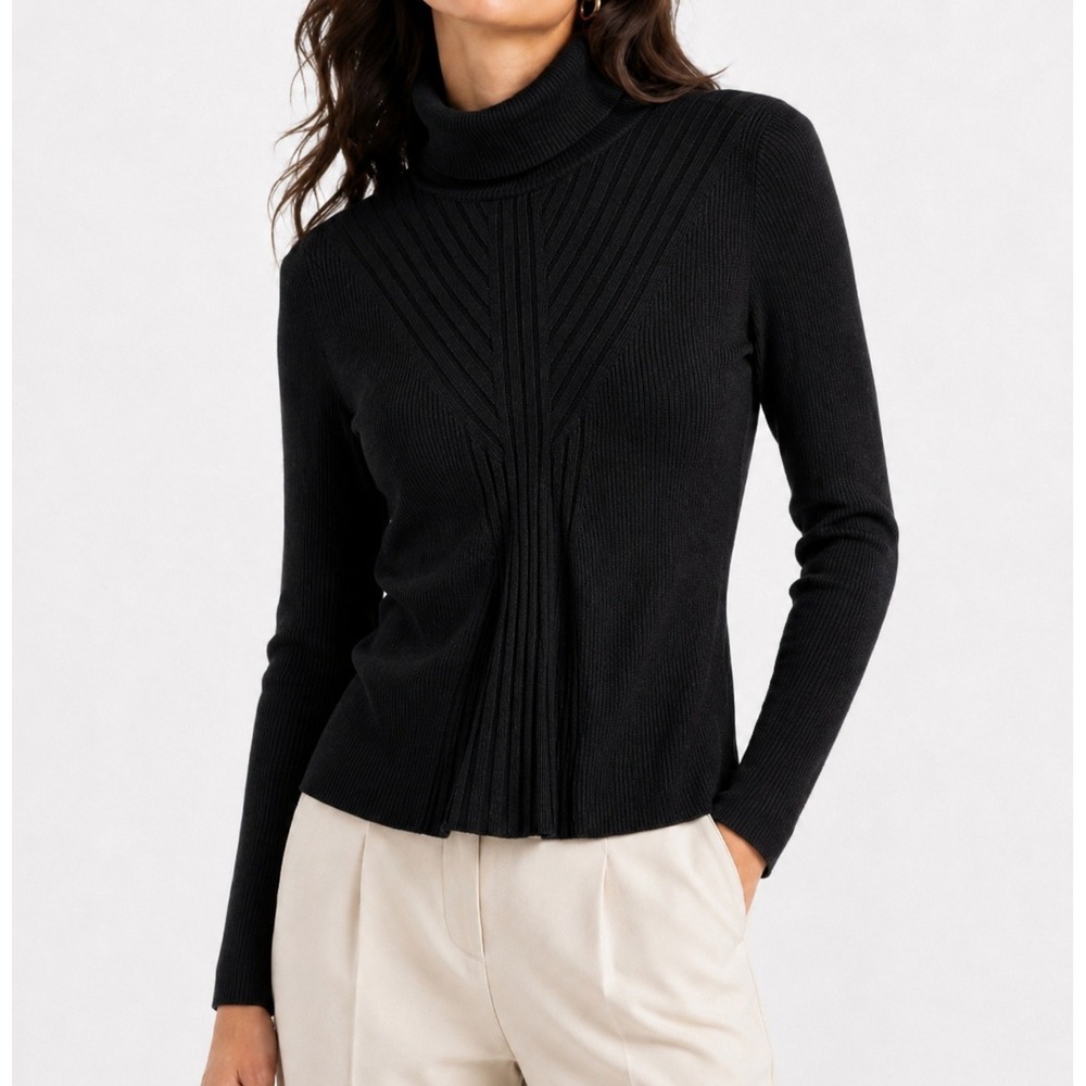 White House Black Market Black Ribbed Turtleneck Sweater Chevron Knit Large